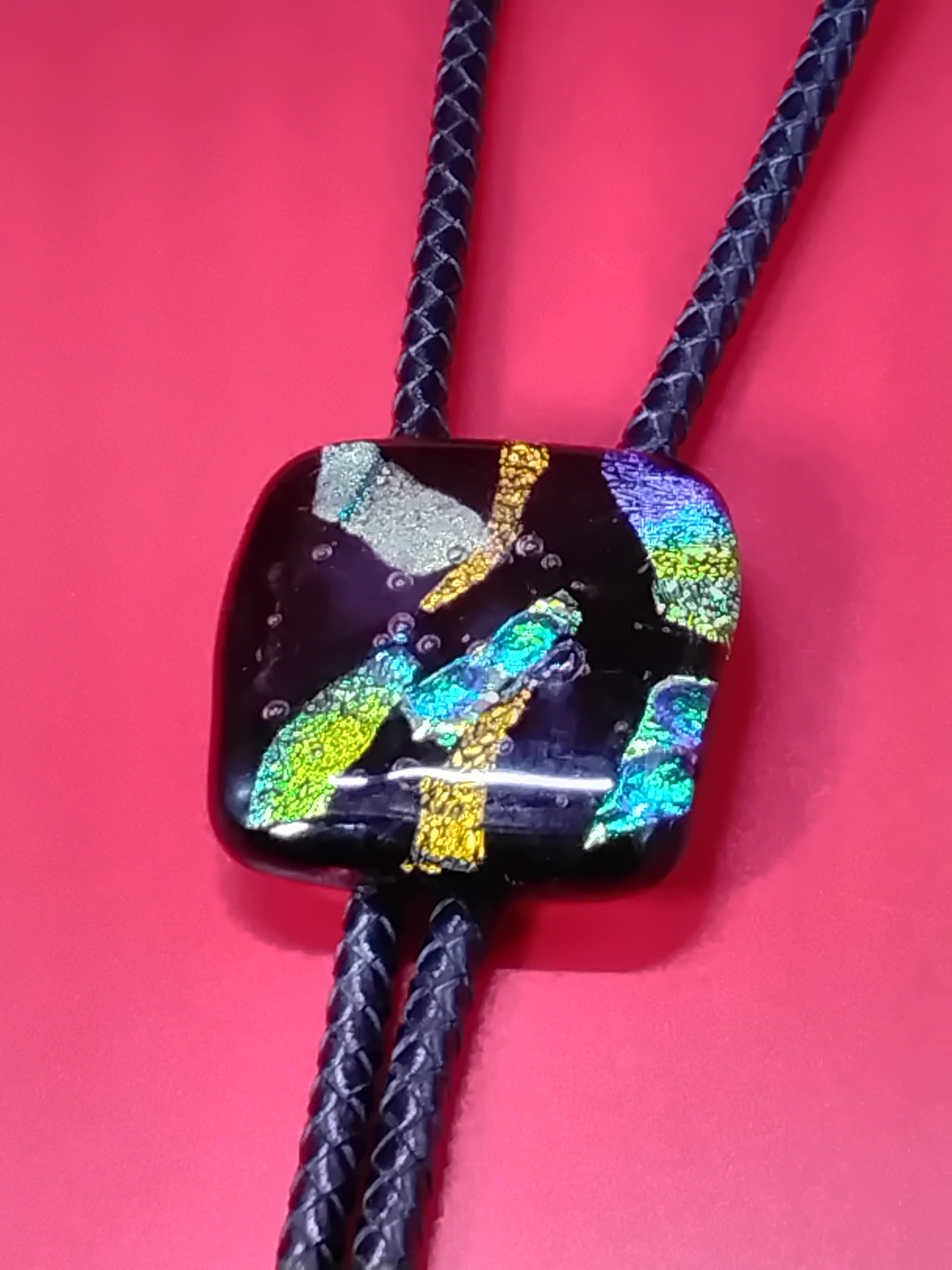 Dichroic Bolo for Cremation Vase | Modern Western Bolo | Black Genuine Leather - Adjustable Size Up To 14"inches