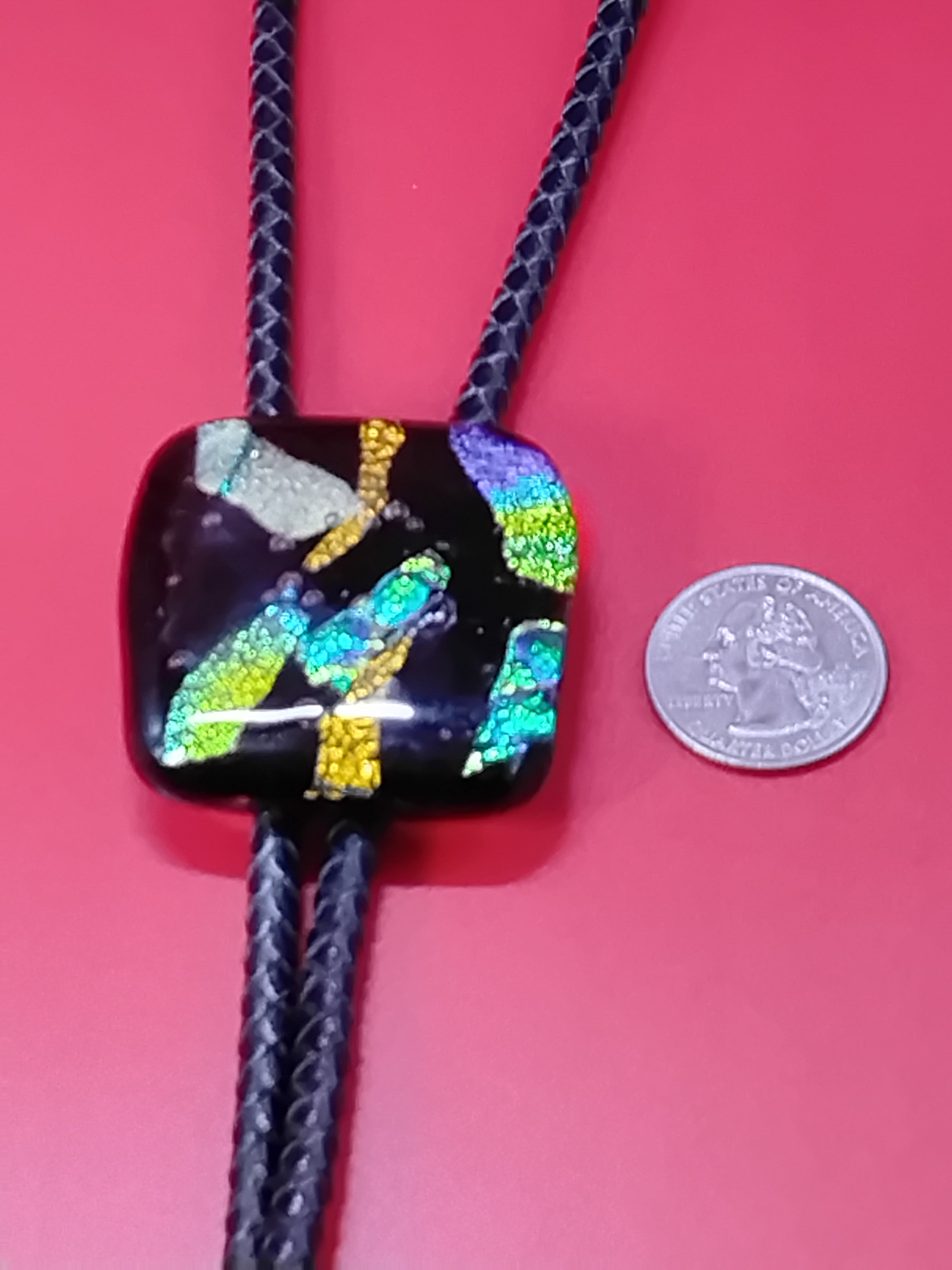 Dichroic Bolo for Cremation Vase | Modern Western Bolo | Black Genuine Leather - Adjustable Size Up To 14"inches