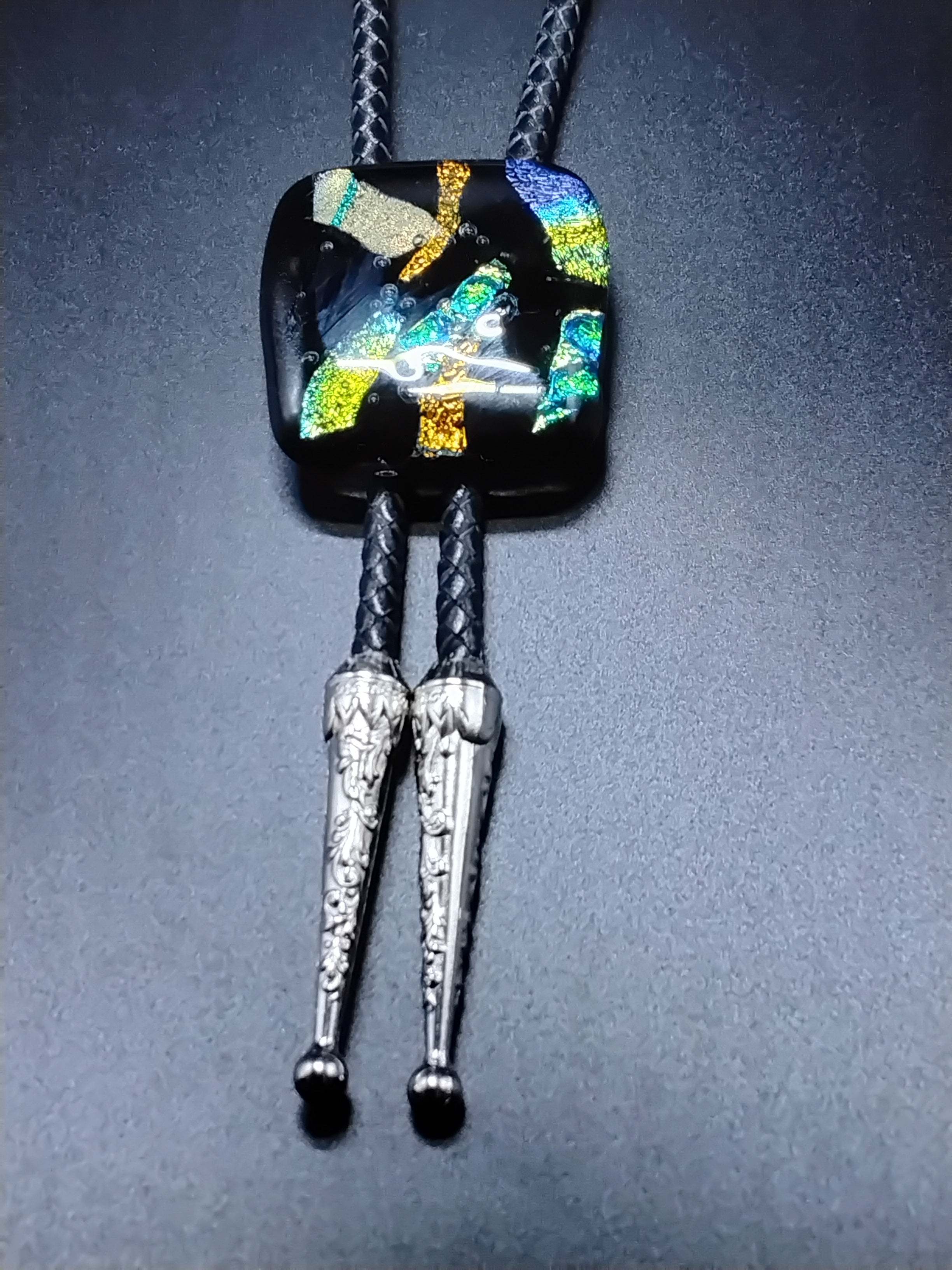 Dichroic Bolo for Cremation Vase | Modern Western Bolo | Black Genuine Leather - Adjustable Size Up To 14"inches