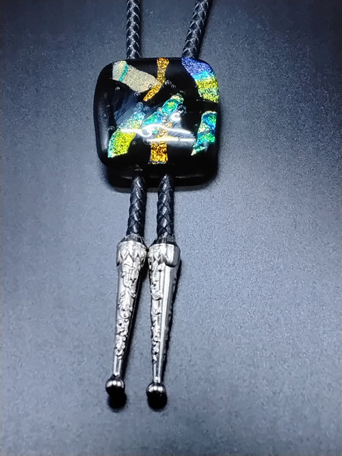 Dichroic Bolo for Cremation Vase | Modern Western Bolo | Black Genuine Leather - Adjustable Size Up To 14"inches