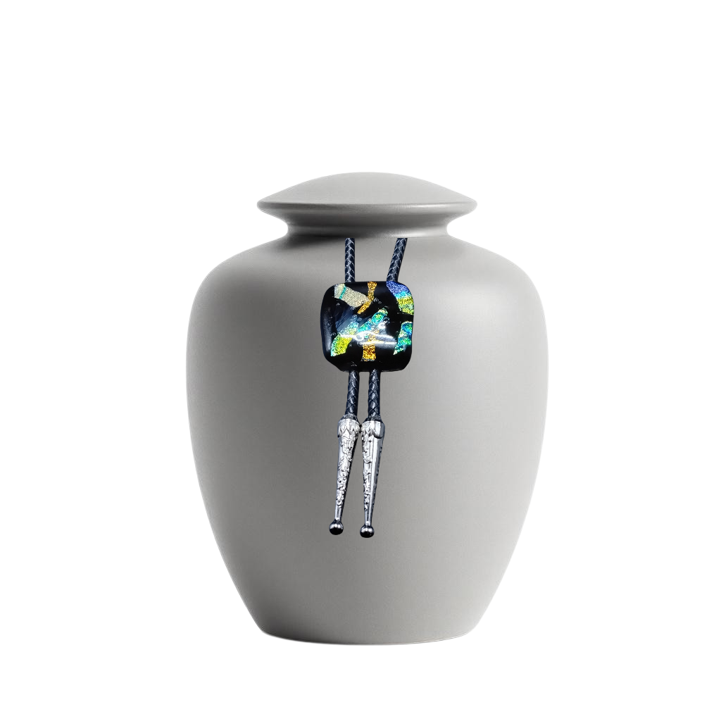 Dichroic Bolo for Cremation Vase | Modern Western Bolo | Black Genuine Leather - Adjustable Size Up To 14"inches