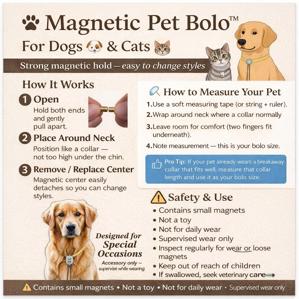 Magnetic Pet Bolo | Stylish Dog & Cat Formal Accessory | Dichroic Tan Genuine Leather Bolo - Neck Size (M)