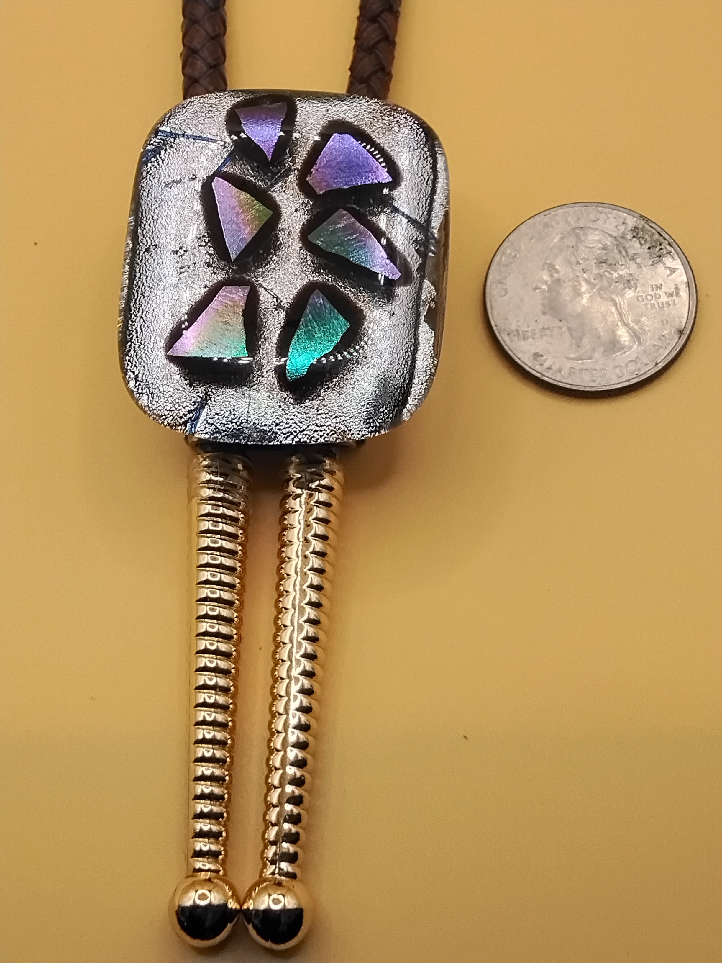 Handmade Magnetic Pet Bolo Tie | Dichroic Brown Genuine Leather Bolo - Neck Size (L)