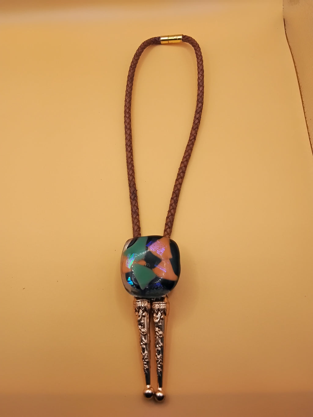 Magnetic Pet Bolo Tie for Dogs & Cats | Dichroic Tan Genuine Leather Bolo - Neck Size (M)