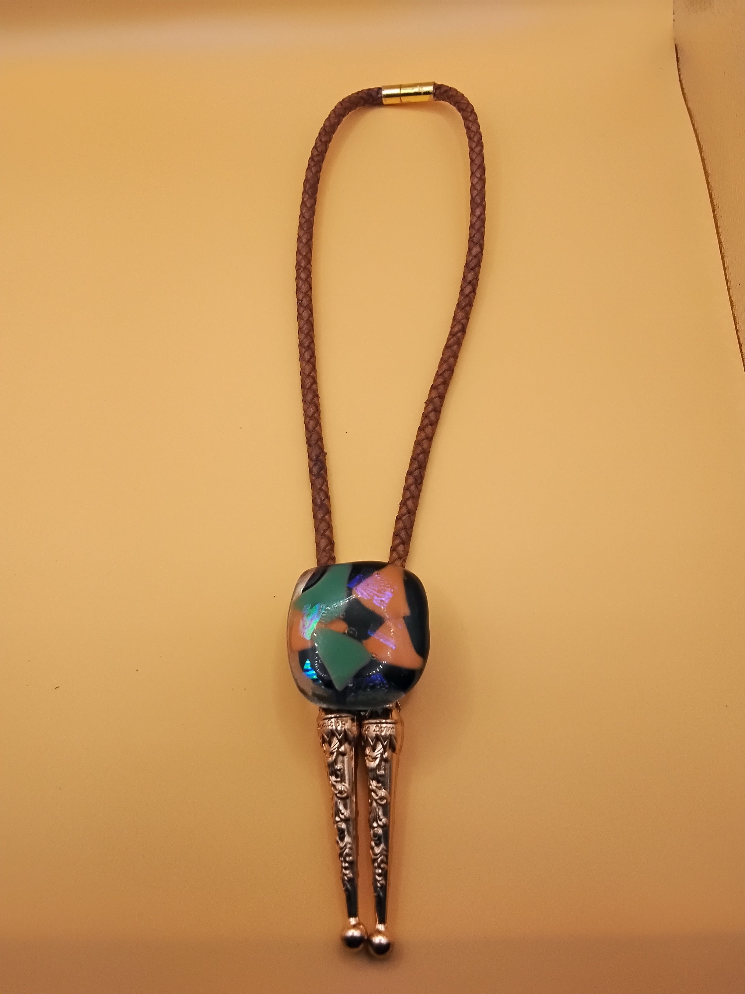 Magnetic Pet Bolo Tie for Dogs & Cats | Dichroic Tan Genuine Leather Bolo - Neck Size (M)