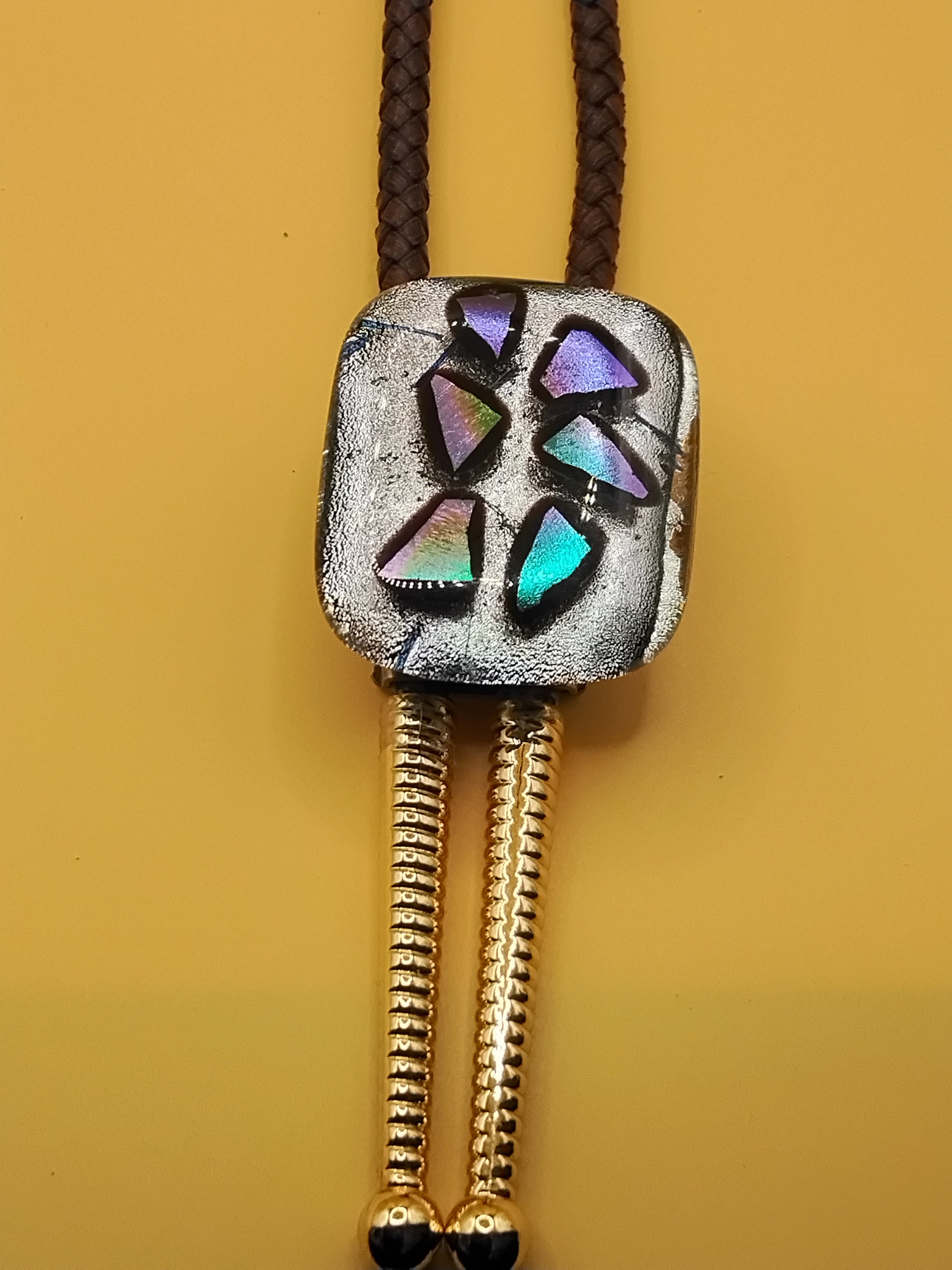 Handmade Magnetic Pet Bolo Tie | Dichroic Brown Genuine Leather Bolo - Neck Size (L)
