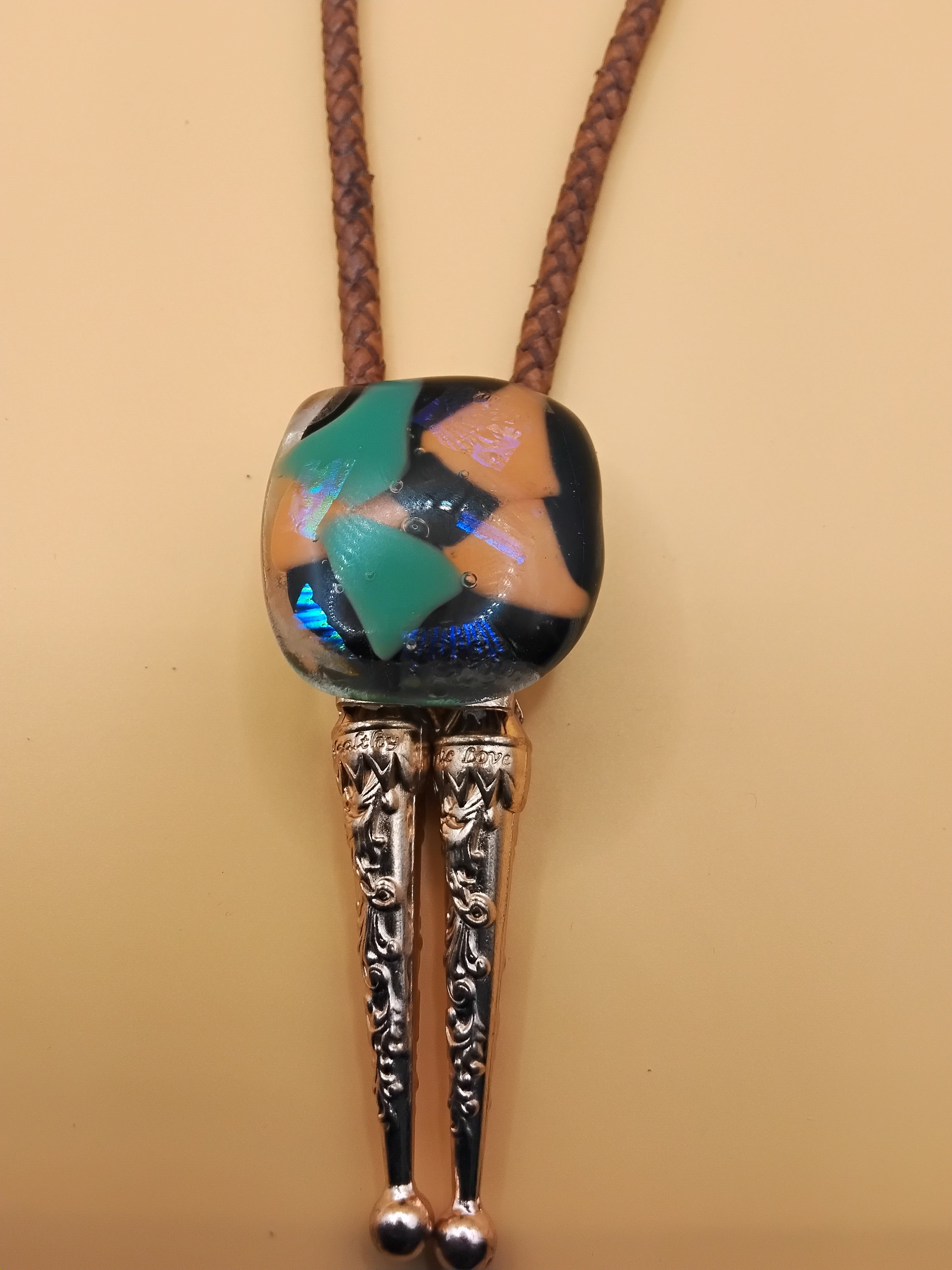 Magnetic Pet Bolo Tie for Dogs & Cats | Dichroic Tan Genuine Leather Bolo - Neck Size (M)