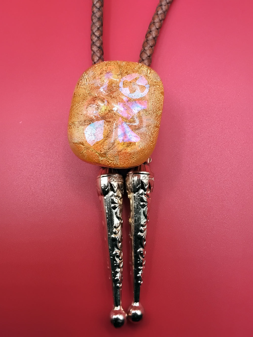 Magnetic Pet Bolo Dichroic for Dogs & Cats | Handmade Pet Accessory | Dichroic Tan Genuine Leather Bolo - Neck Size (M)