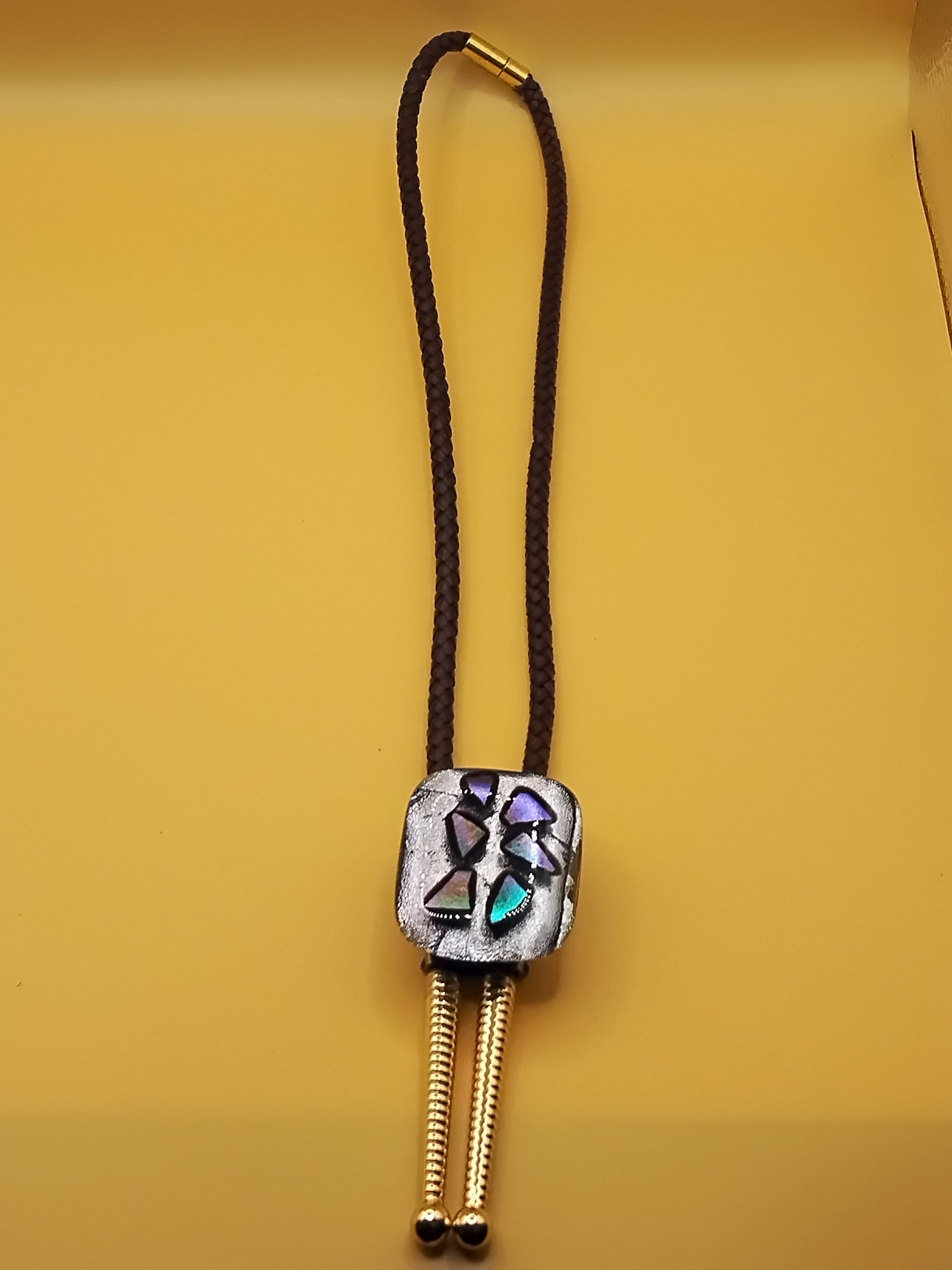 Handmade Magnetic Pet Bolo Tie | Dichroic Brown Genuine Leather Bolo - Neck Size (L)