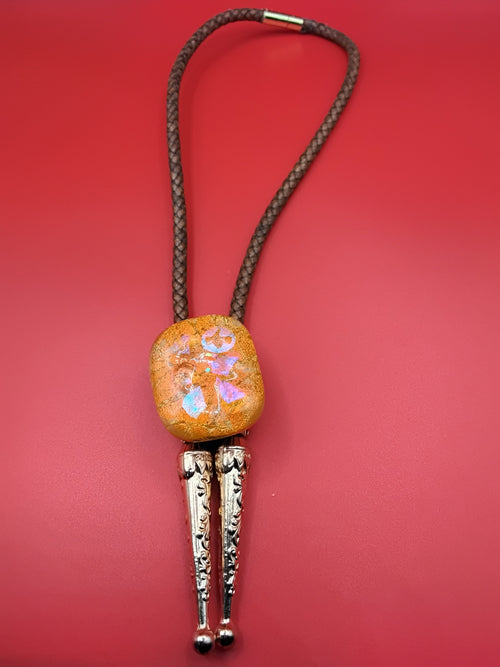 Magnetic Pet Bolo Dichroic for Dogs & Cats | Handmade Pet Accessory | Dichroic Tan Genuine Leather Bolo - Neck Size (M)