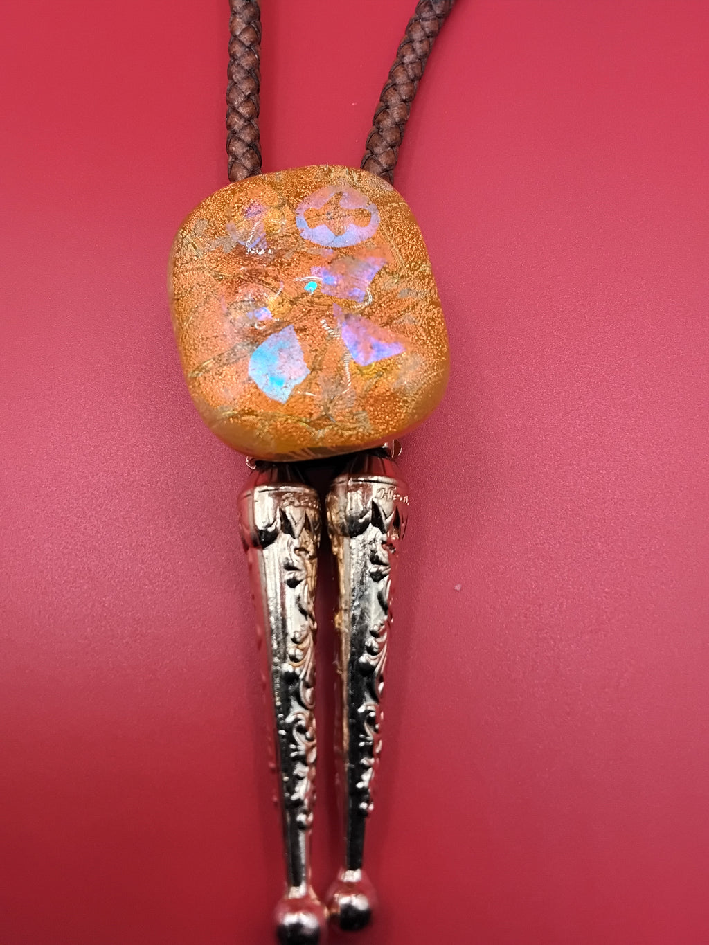Magnetic Pet Bolo Dichroic for Dogs & Cats | Handmade Pet Accessory | Dichroic Tan Genuine Leather Bolo - Neck Size (M)