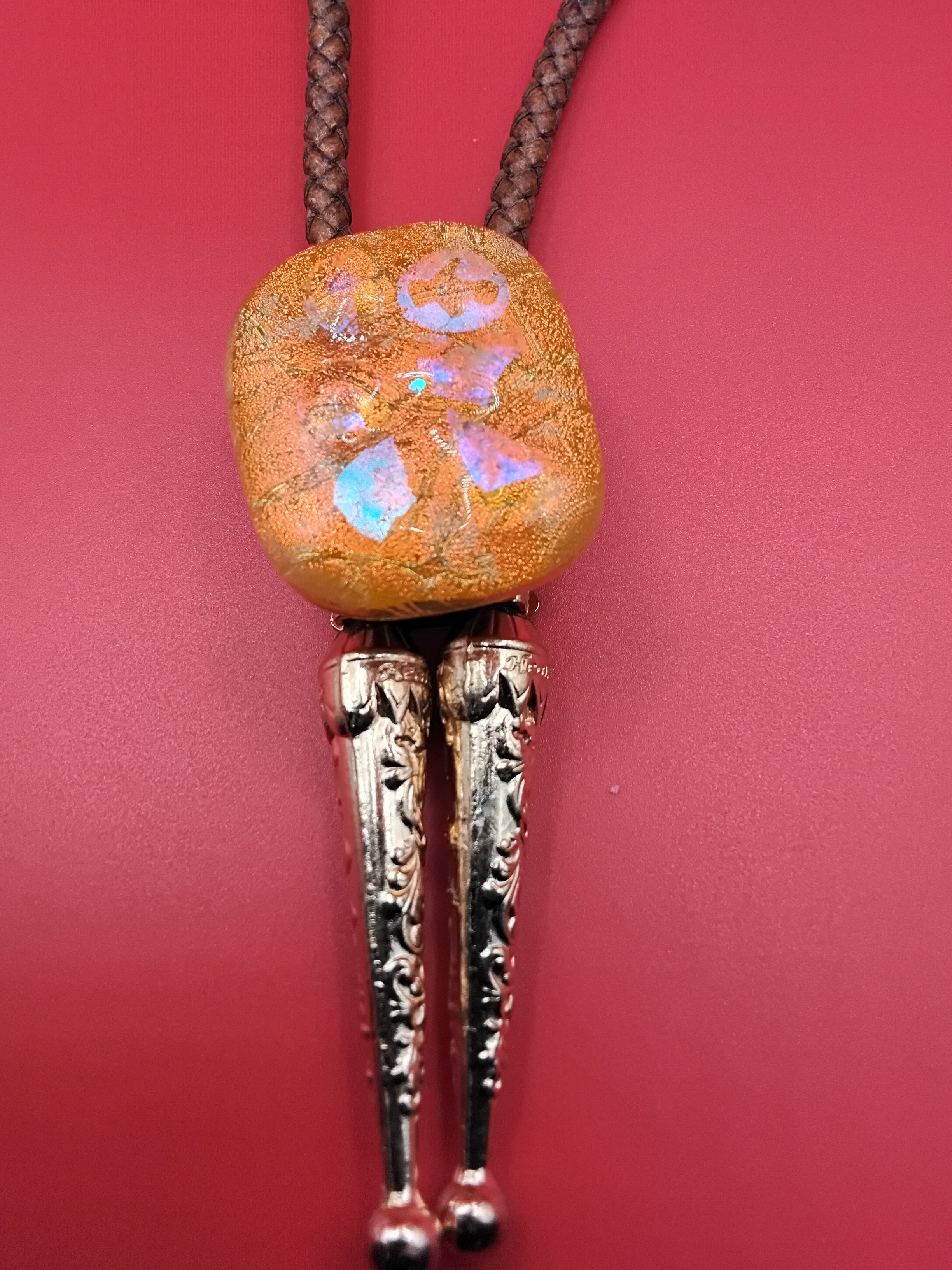 Magnetic Pet Bolo Dichroic for Dogs & Cats | Handmade Pet Accessory | Dichroic Tan Genuine Leather Bolo - Neck Size (M)