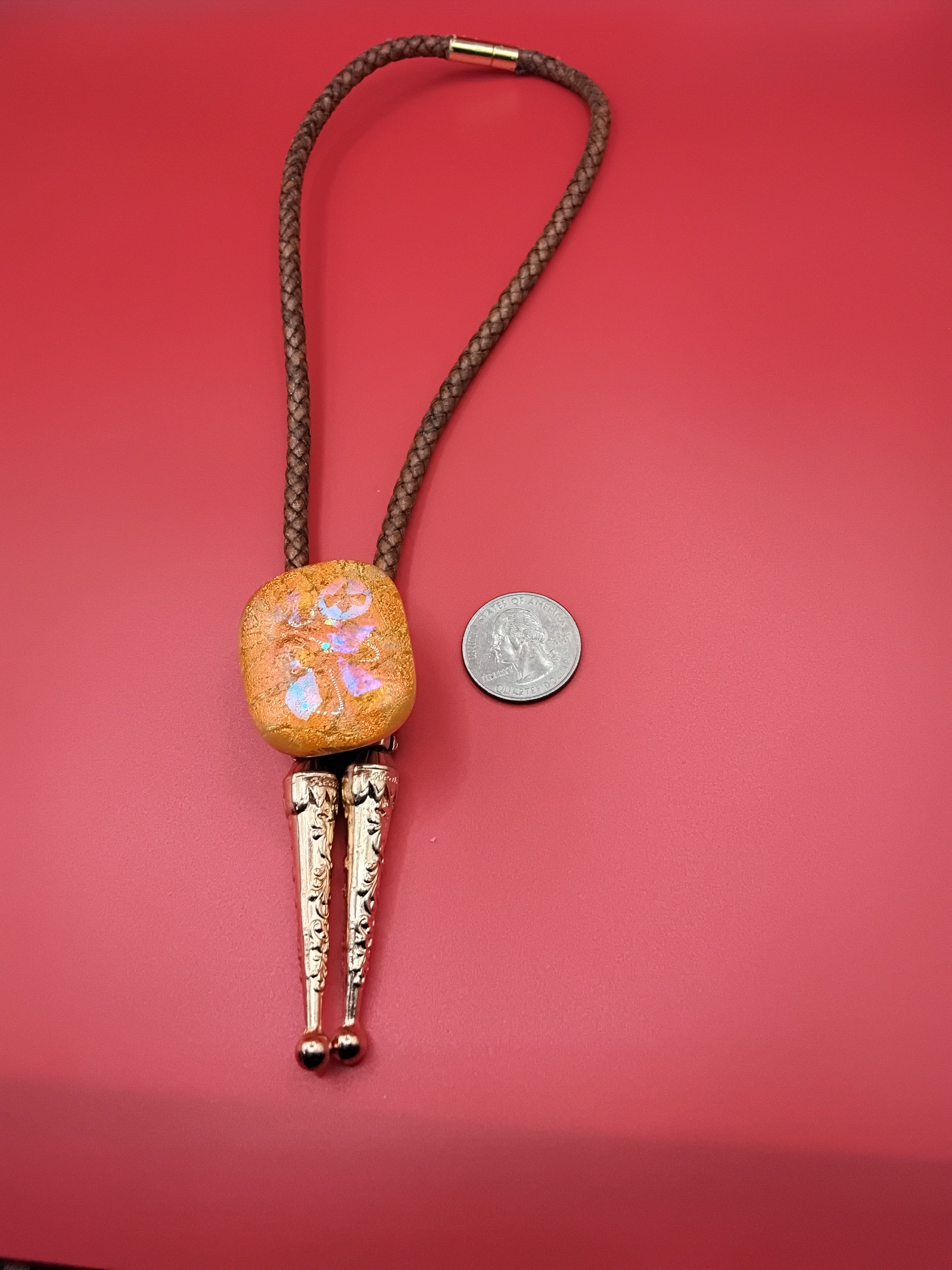 Magnetic Pet Bolo Dichroic for Dogs & Cats | Handmade Pet Accessory | Dichroic Tan Genuine Leather Bolo - Neck Size (M)