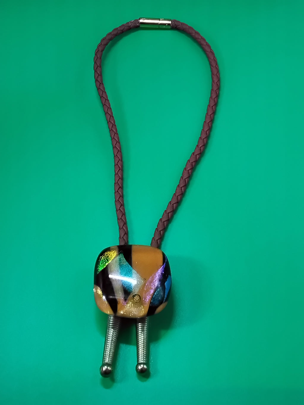 Magnetic Pet Bolo | Unique Gift for Dog & Cat Lovers | Dichroic Tan Brown Faux Leather Bolo - Neck Size Up (M)