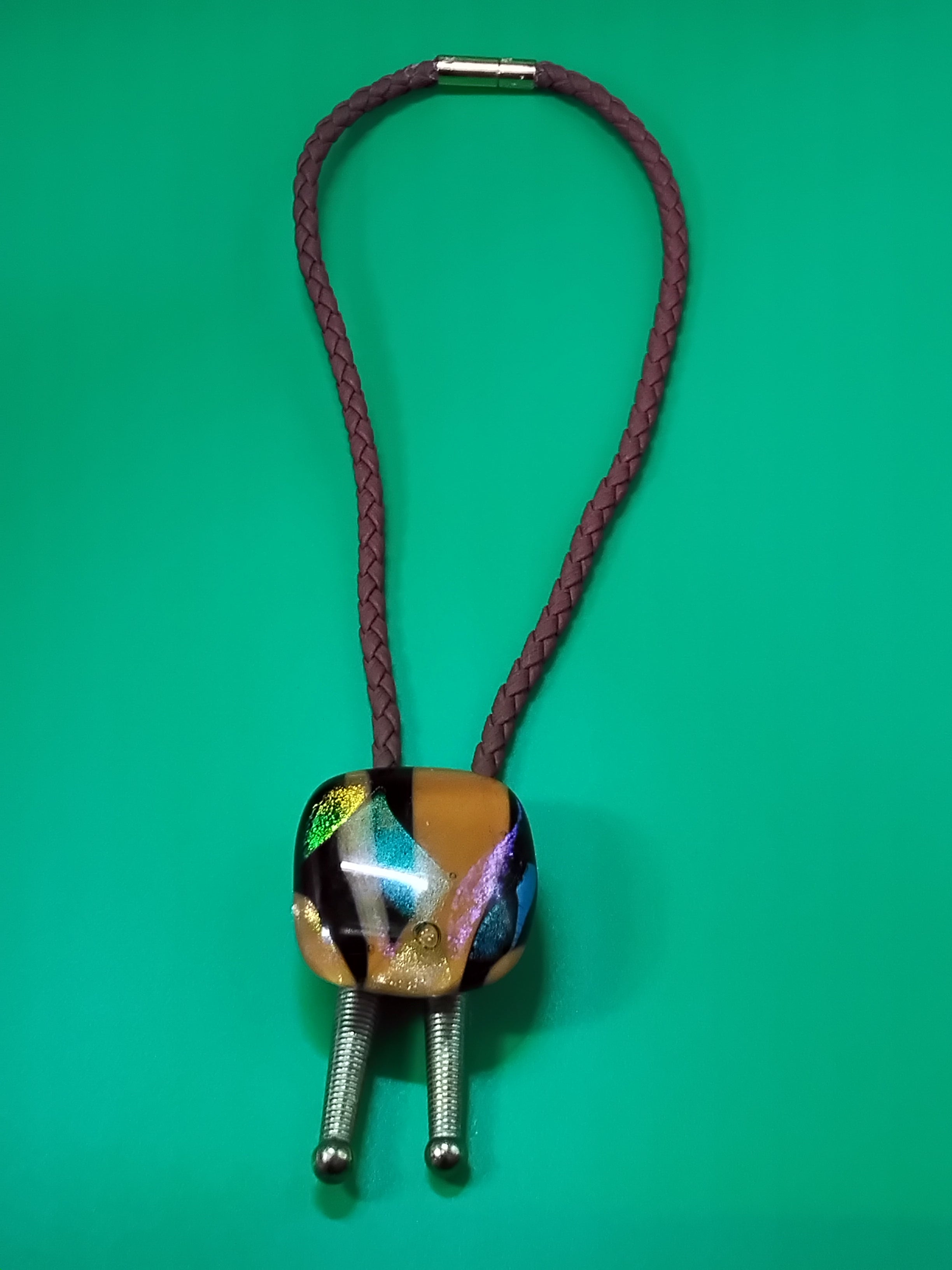 Magnetic Pet Bolo | Unique Gift for Dog & Cat Lovers | Dichroic Tan Brown Faux Leather Bolo - Neck Size Up (M)