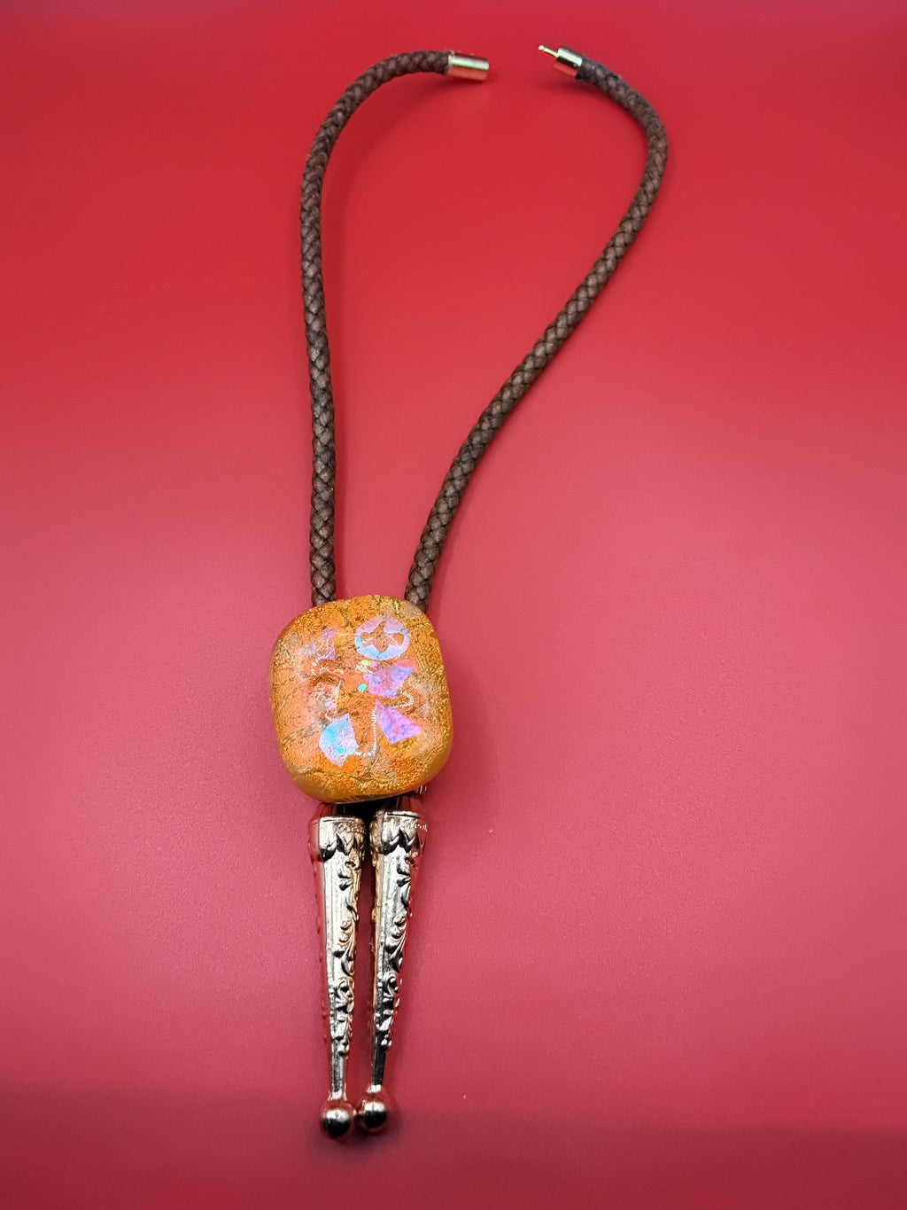 Magnetic Pet Bolo Dichroic for Dogs & Cats | Handmade Pet Accessory | Dichroic Tan Genuine Leather Bolo - Neck Size (M)