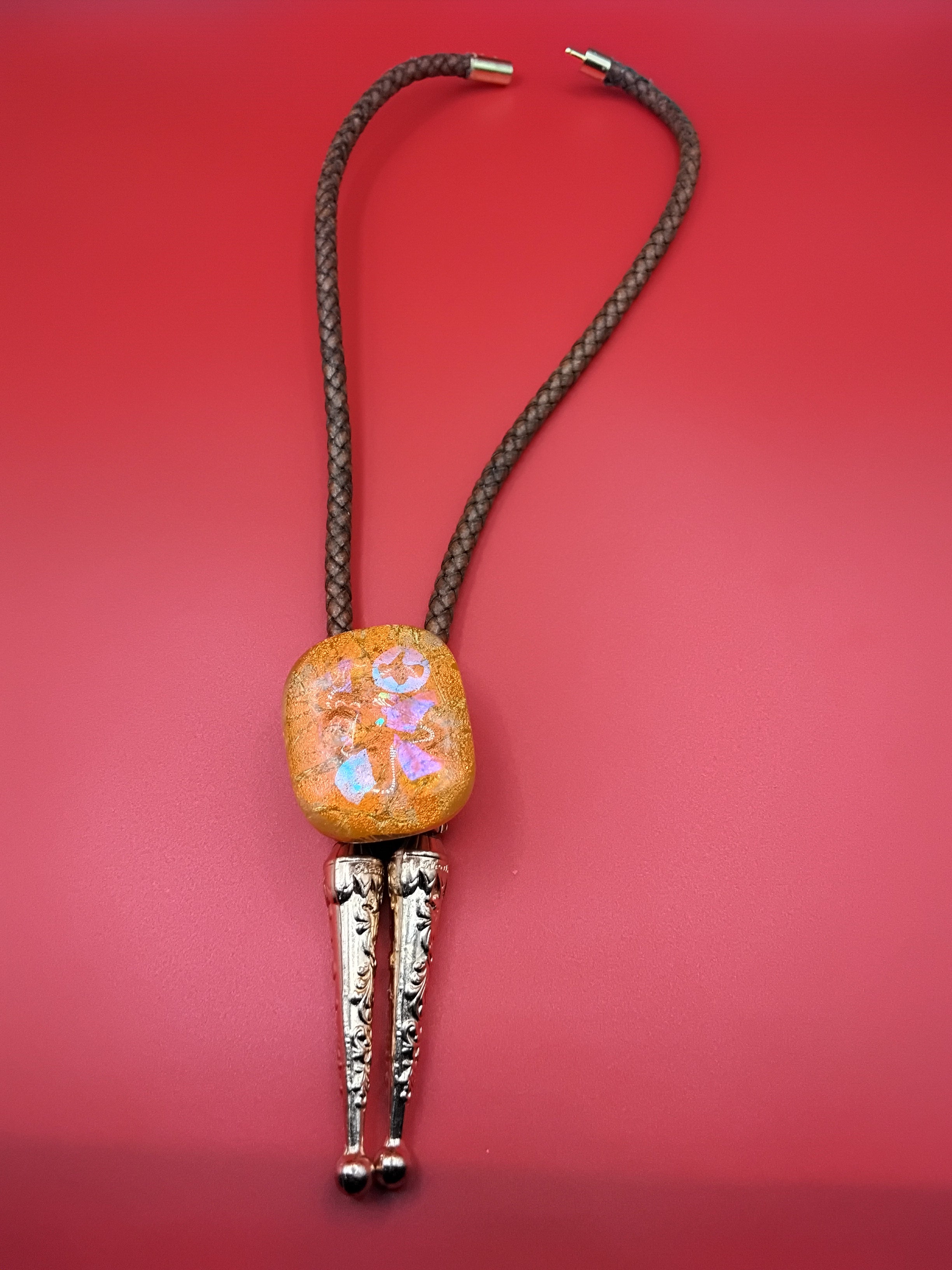 Magnetic Pet Bolo Dichroic for Dogs & Cats | Handmade Pet Accessory | Dichroic Tan Genuine Leather Bolo - Neck Size (M)