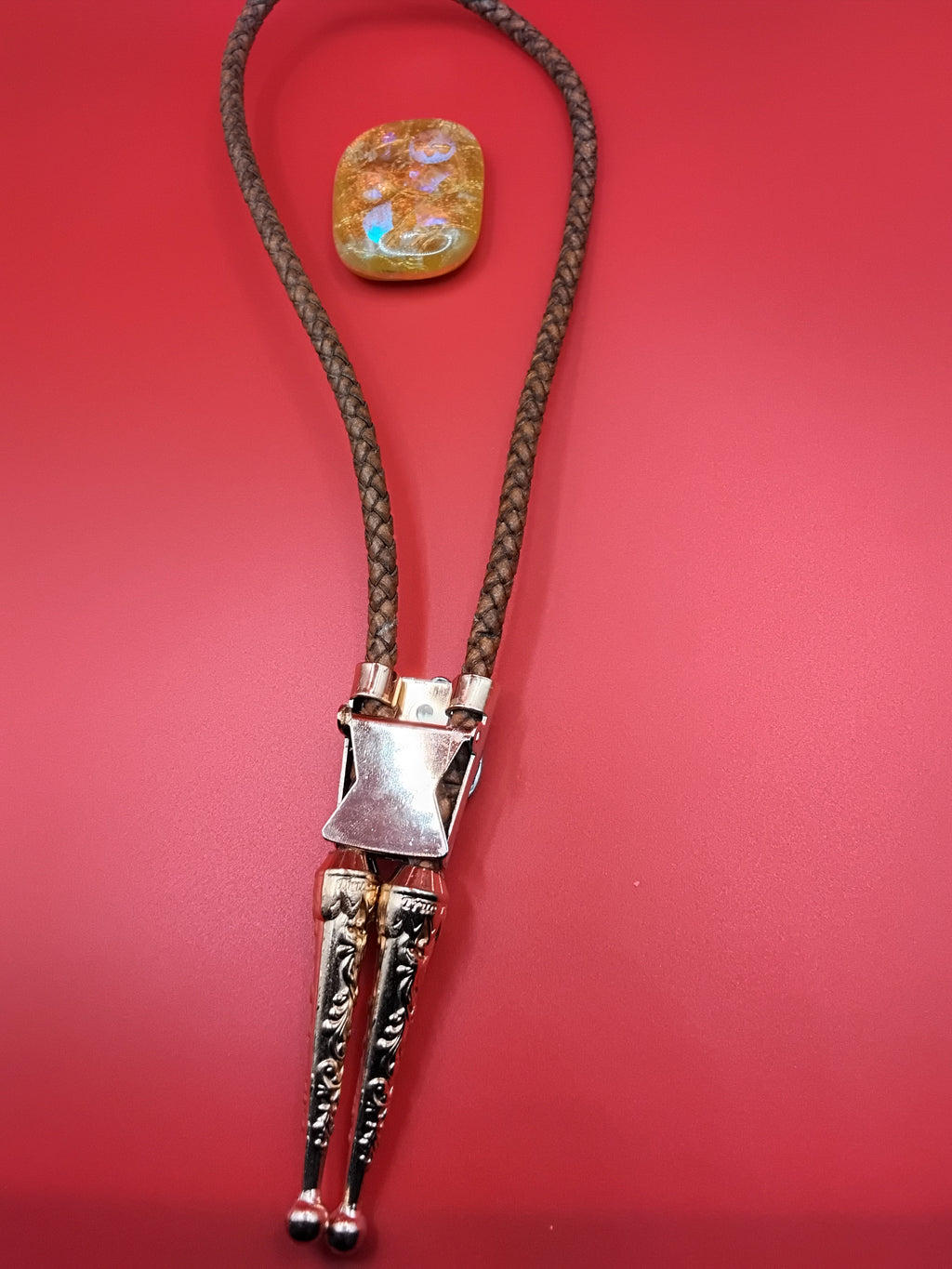 Magnetic Pet Bolo Dichroic for Dogs & Cats | Handmade Pet Accessory | Dichroic Tan Genuine Leather Bolo - Neck Size (M)