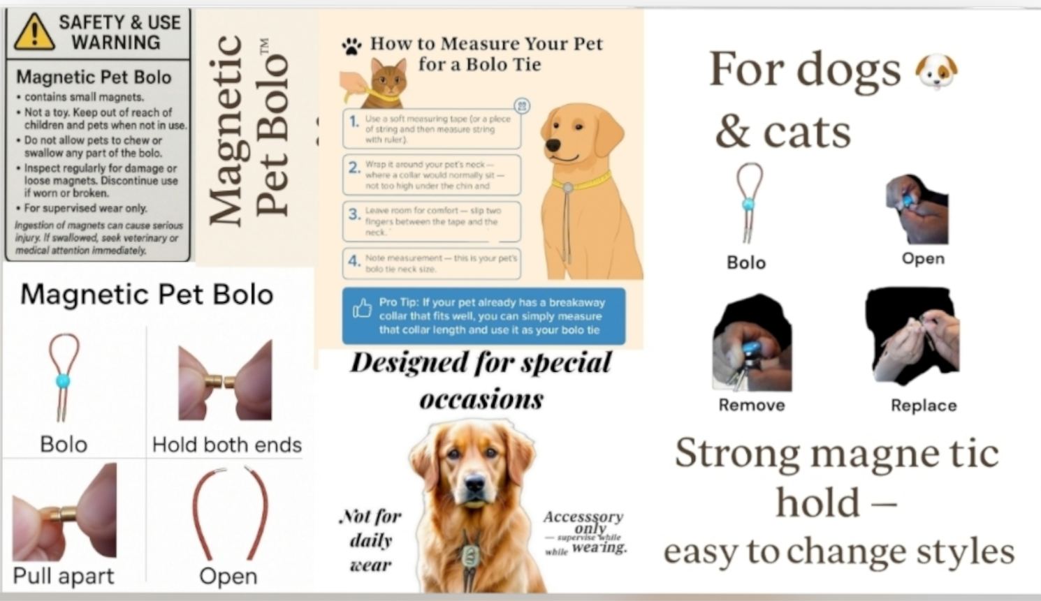 Magnetic Pet Bolo | Special Occasion Pet Accessory | Dichroic Brown Genuine Leather Bolo - Neck Size (XL)