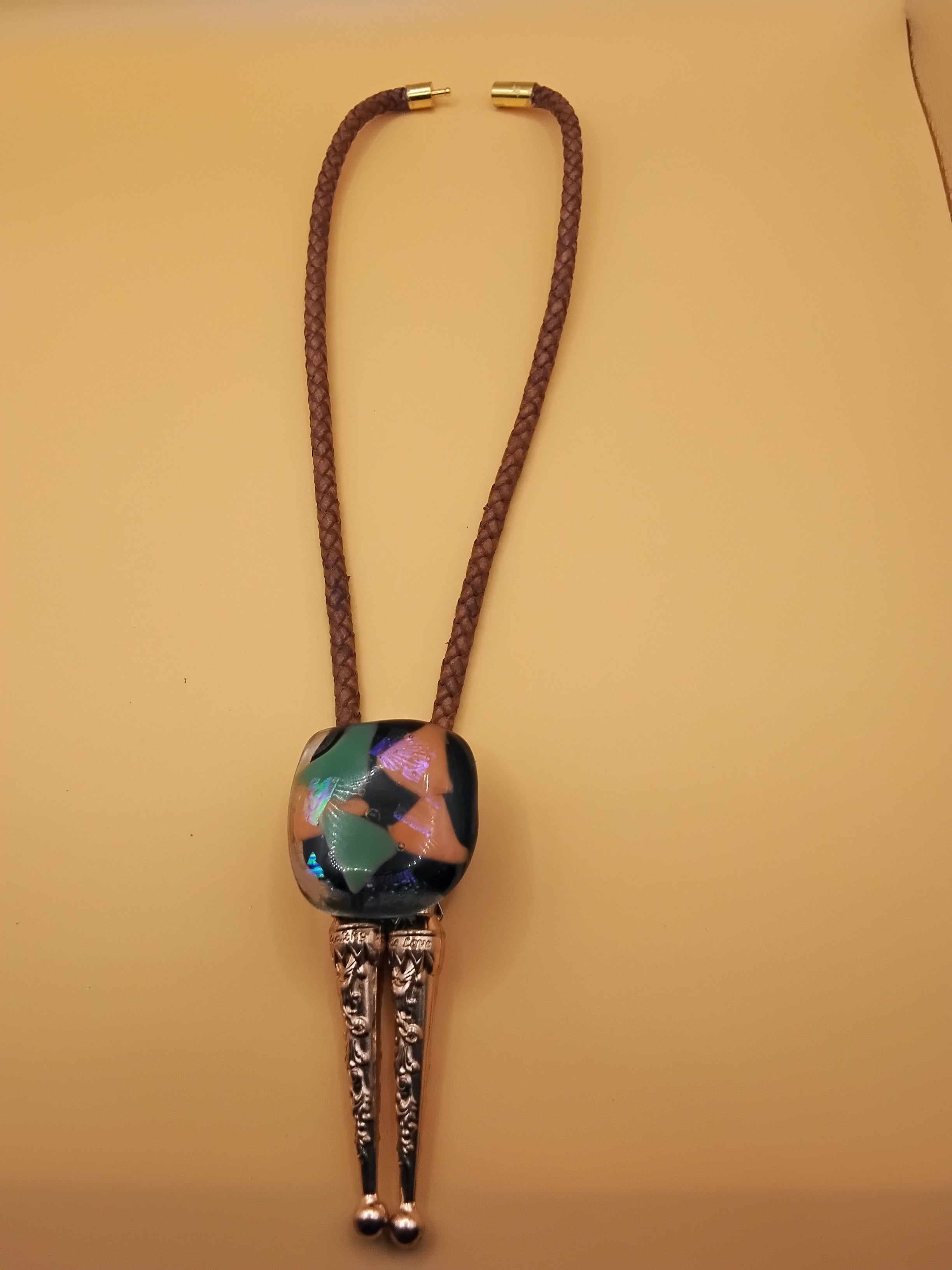 Magnetic Pet Bolo Tie for Dogs & Cats | Dichroic Tan Genuine Leather Bolo - Neck Size (M)